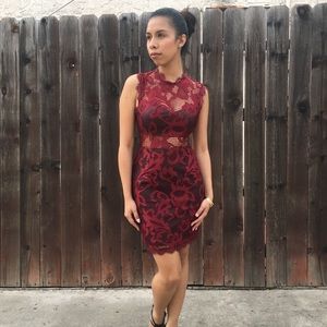 Maroon Lace and Leather Body Con Dress